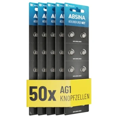 Abbildung von ABSINA AG1 LR621 Knopfzelle 50er Pack 1,5V Alkaline Knopfzellen auslaufsicher &amp; mit Langer Haltbarkeit LR60 / SR60 1175S0 164/602 364 V30 SR621 Knopfbatterien Batterien Batterie