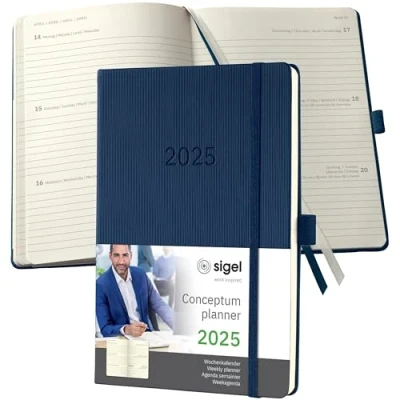 Abbildung von SIGEL C2562 Terminplaner Wochenkalender 2025, ca. A5, dunkelblau, Hardcover, 192 Seiten, Gummiband, Stiftschlaufe, Archivtasche, aus nachhaltigem Papier, Conceptum