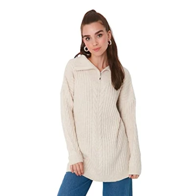 Abbildung von Trendyol Damen High Neck Cable Knit Relaxed Modest Sweater Pullover, Stone, S