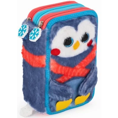 Abbildung von Julian Ross 3 Fach Federmäppchen für Mädchen 45 teilig mit radierbaren Gelstiften Flauschiges Mäppchen in Blau Pinguinmotiv Wie EIN Plüschtier Ideal Schule &amp; Geschenk