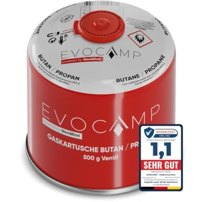 Abbildung von EVOCAMP 1x Butangas Kartusche 500g Schraubkartusche mit Butan/Propan Gas 899 ml, Gaskartusche EN417, Ventilkartusche Schraubverschluss, Camping Gas, Gaskartuschen Schraubventil