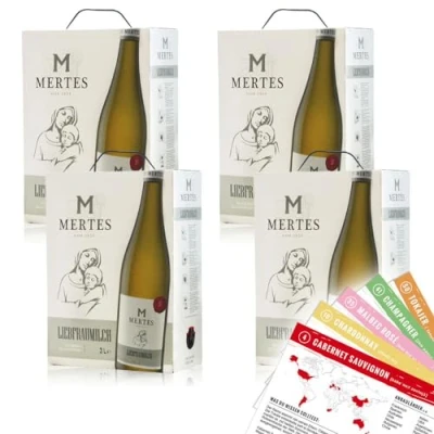 Abbildung von Peter Mertes Liebfraumilch QbA, lieblich, Bag in Box, sortenreines Weinpaket + VINOX Winecards (4x3,0l)