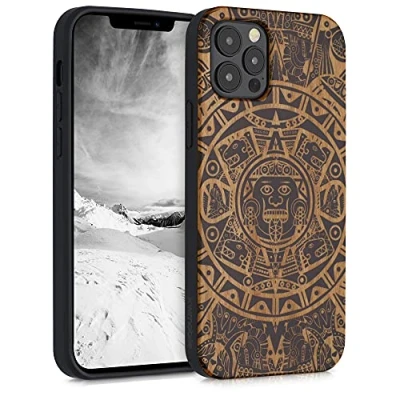 Abbildung von kwmobile Hülle kompatibel mit Apple iPhone 12 / Pro Holz Case Handy Cover TPU Handyhülle in Hellbraun Schwarz Maya Kalender Art