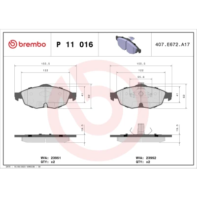 Abbildung von BREMBO P 11 016 Bremsbelagsatz mit akustischer Verschleißwarnung Kolbenclip ohne Zubehör CHRYSLER: Sebring II Cabrio, Limousine