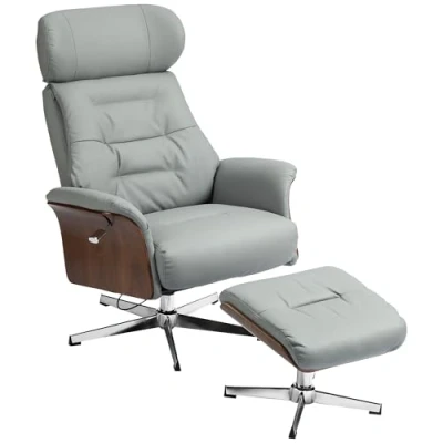 Abbildung von HOMCOM Relaxsessel mit Hocker, Fernsehsessel Liegefunktion, Drehbarer Liegesessel, (Ruhesessel, 2 St., TV Sessel), für Wohnzimmer, bis 150 kg, Kunstleder, Stahl, Hellgrau