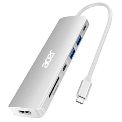 Abbildung von Acer USB C Hub, 7 in 1 zu HDMI Splitter, 2 3.1 GEN1 und 5 Gbps Typ Datenanschluss, 4K Anschluss, PD 100W Ladung, SD Kartenleser, für iPad Pro, MacBook Laptops (Silber)