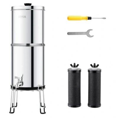 Abbildung von VEVOR Schwerkraft Wasserfiltersystem, 2,25 G 304 Edelstahl Arbeitsplatten reduziert Blei und bis zu 99% Chlor, mit 2 Kohlefiltern/Zapfhahn/Ständer, für Zuhause, Camping, Wohnmobil