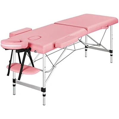Abbildung von Yaheetech Mobile Aluminium Massageliege Höhenverstellbar 2 Zonen Massagebett mit Kopfstütze &amp; Armlehnen Tasche, Hellrosa