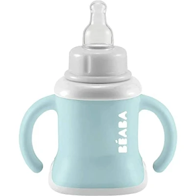 Abbildung von BÉABA Trinklernbecher für Babys, mit Trinkflasche/Tasse, auslaufsicher, erleichtert die Handhabung, ergonomisch, Strohhalm, 3 in 1 Erweiterungsclip, Kappe, Airy Green