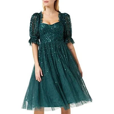 Abbildung von Maya Deluxe Damen Ladies Dress For Women Midi Sequin Embellished Frilly Sweetheart Neckline Puffed Sleeves Wedding Kleid, Emerald Green, 50 EU