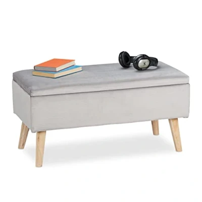 Abbildung von Relaxdays Sitzbank mit Stauraum, Samtbezug, 40 L, gepolstert, Holzbeine, Flur, 2er Truhenbank, 41 x 80 cm, hellgrau