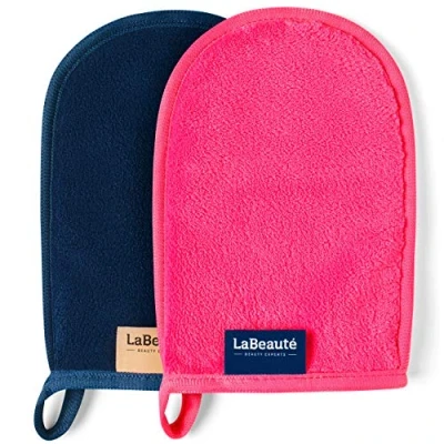 Abbildung von LaBeauté Abschminkhandschuh Mikrofaser (2 Stück, 20x13 cm) waschbar und wiederverwendbar, Make Up Entferner Glove, Abschmink Handschuh, zum Gesicht Abschminken &amp; Gesichtsreinigung (navy/pink)