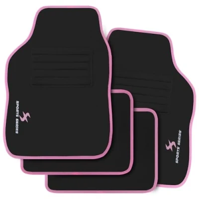 Abbildung von WOLTU Autofußmatten Set mit 4 Matten universelle Allwetterfußmatten Stickerei Autoteppich gegen Wasser rutschfeste Absatzschoner aus Teppichmaterial Schwarz Rosa AM7142rs