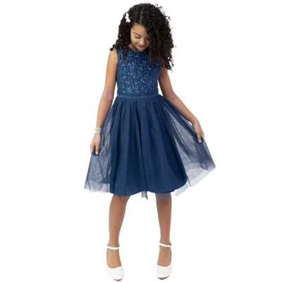 Abbildung von Maya Deluxe Mädchen Paillettenverziertes Hochzeit Und Geburtstag Festlich Mit Bandschleife Brautjungfernkleid Kleid, French Navy, 5 6 Jahre EU