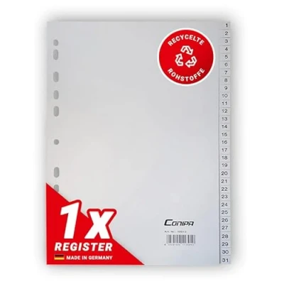 Abbildung von Conipa® 1er Set 1 31 Register für Ordner DIN A4 (MADE IN GERMANY) Registerblätter &amp; Trennblätter mit Zahlen (nummeriert) Kunststoff (PP) Trennregister Akten, Ringbücher Hefter (Grau)