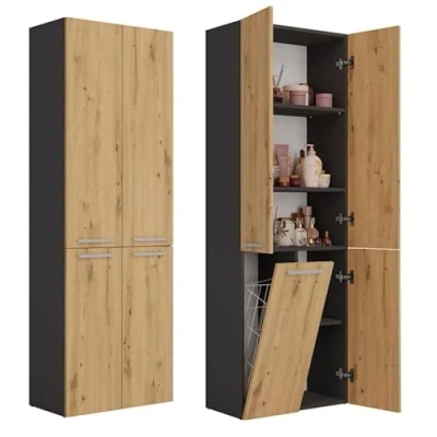 Abbildung von BDW Badezimmerschrank, Wäschekorb, 4 Türen 174 x 60 30cm Unterschrank, Waschbeckenunterschrank, Hochschrank, Badmöbel, Bad Badregal (Anthrazit/Artisan Eiche)