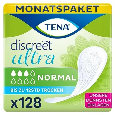 Abbildung von TENA Discreet Ultra 128 Einlagen im Monatspaket (8 x 16 Stück), einzeln verpackt Hygieneeinlagen für Frauen bei leichter bis mittlerer Blasenschwäche, Inkontinenz und Tröpfchenverlust