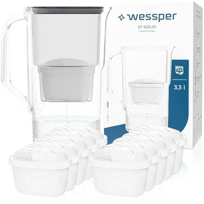 Abbildung von Wessper Wasserfilter Kanne 2,5L Aqua Max Basic, Set Wasserkanne und 10 Filter Kompatibel mit Brita Maxtra, Wasserfiltersystem Reduzierung von Kalk, Chlor Schwarz