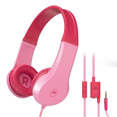Abbildung von Motorola Sound JR200 Kinder Kopfhörer mit Kabel Lautstärkebegrenzung 85 dB Audio Splitter BPA Frei ab 3 Jahren Rosa