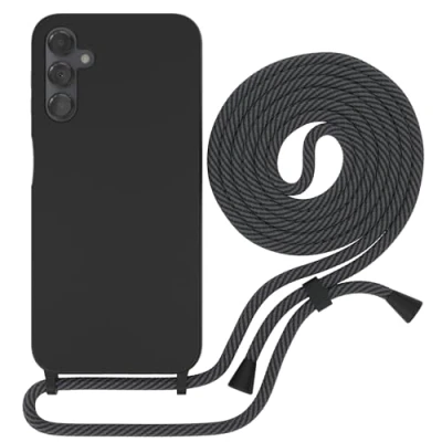 Abbildung von EAZY CASE Premium Silikon Handykette kompatibel mit Samsung Galaxy A14 5G Handyhülle Kette und Kameraschutz, weich TPU Hülle in Schwarz Kordel Anthrazit Clips Black