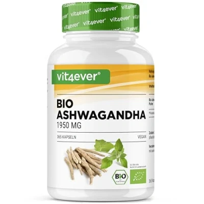 Abbildung von vit4ever Original Bio Ashwagandha 365 Kapseln Hochdosiert mit 1950mg je Tagesportion Echte indische Schlafbeere Laborgeprüft Vegan