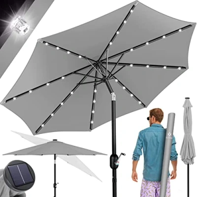 Abbildung von KESSER® Sonnenschirm Balkonschirm Rund LED Solar mit Kurbel Inkl. 2in1 Schutzhülle, Gartenschirm, Schirm Ø 265 cm für Balkon Garten &amp; Terrasse verstellbar knickbar Hellgrau