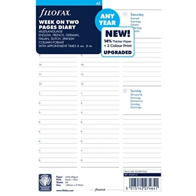 Abbildung von Filofax A5 Wochenansicht, jedes Jahr, undatiert.