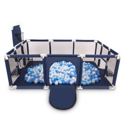 Abbildung von Selonis Laufstall Baby Großer Spielplatz Mit 200 Bälle Laufgitter Für Kinder, Dunkelblau:Babyblau/Blau/Perle