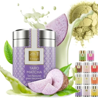 Abbildung von Tea Uniqo Taro Matcha Pulver Latte mit Tarowurzel Geschmack, Ideal für Bubble o. pur, ohne künstliche Farbstoffe in edler Dose