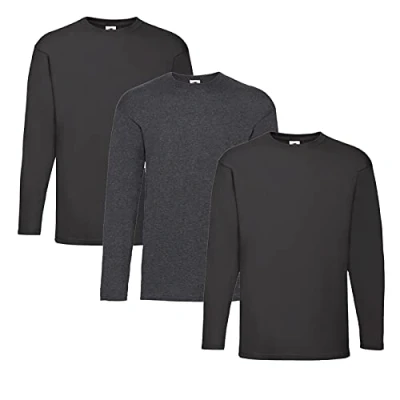 Abbildung von Fruit of the Loom Valueweight Langarm T Shirt für Herren, 2 x Schwarz + 1 Dark Heather Hlkauf Notizblock, XXL