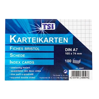 Abbildung von TSI Karteikarten weiß, 100er Packung, kariert, Größe: DIN A7 (105 x 74 mm), Art. Nr. 65957