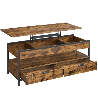 Abbildung von VASAGLE Couchtisch, höhenverstellbarer Wohnzimmertisch, Kaffeetisch, mit Schubladen, offenes Fach, 50 x 120 cm, vintagebraun tintenschwarz LCT252K01