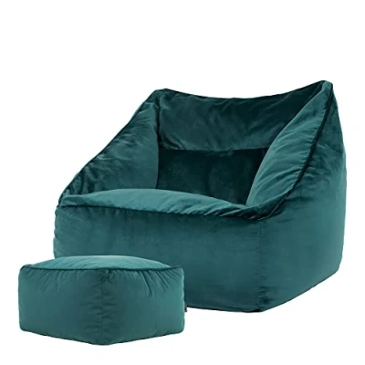 Abbildung von Icon Riesen Sitzsack Sessel „Natalia“, Plüsch XXL Erwachsene mit Füllung für das Wohnzimmer, Riesensitzsack Sofa (Blaugrün, + Hocker)