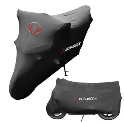 Abbildung von BUSHBOCK® Premium Cover Indoor Motorrad Abdeckplane Staubschutz elastischer, atmungsaktiver Samt Stretchstoff (M L, Schwarz)