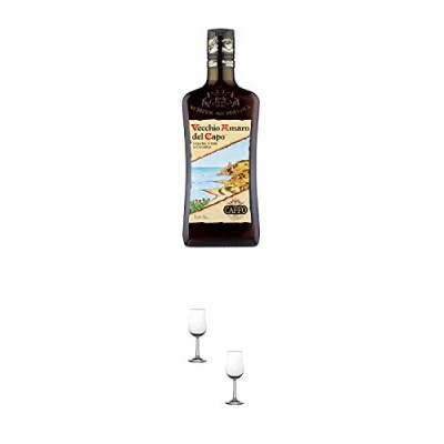 Abbildung von Caffo Vecchio Amaro del Capo Kräuterlikör aus Italien 0,7 Liter + Nosing Gläser Kelchglas Bugatti mit Eichstrich 2cl und 4cl 2 Stück