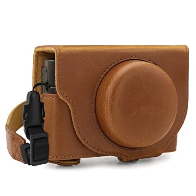 Abbildung von MegaGear MG1732 Ever Ready Leder Kameratasche mit Trageriemen kompatibel Sony Cyber Shot DSC RX100 VII Hellbraun