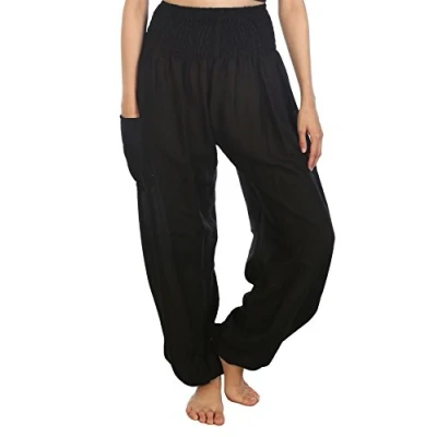 Abbildung von Lofbaz Damen Haremshose Yogahose Pumphose Hippie Hose Boho Kleidung Festival Outfit Sommerhose Leicht Sommer Hosen Solid 1 Schwarz 4XL Große Größen