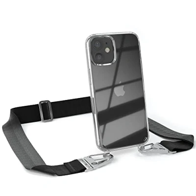 Abbildung von EAZY CASE Hülle mit Band kompatibel iPhone 12 Mini Handyhülle Umhängeband für Silikonhülle Transparent Schutzhülle Handykette zum Umhängen Handykordel Smartphone in Schwarz