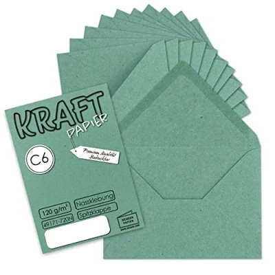 Abbildung von 100x Kraftpapier Umschläge DIN C6 Eukalyptus Grün 11,4 x 16,2 cm ohne Fenster Vintage Briefumschläge mit Nassklebung Spitzklappe NEUSER PAPIER