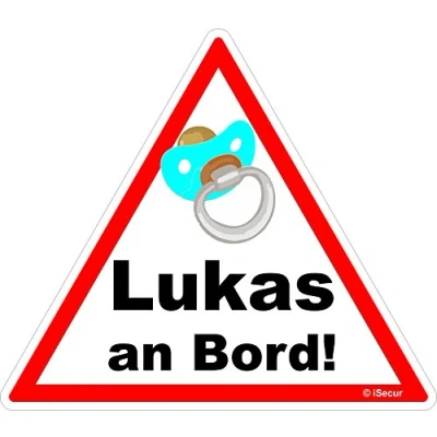 Abbildung von easydruck24de Auto Aufkleber Baby an Bord, Lukas I kfz_453 16 x 14 cm groß Junge Sticker mit Schnuller Hinweis Achtung Vorsicht wetterfest