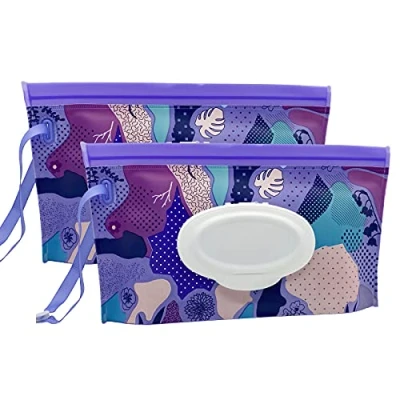 Abbildung von Ulvbabi tragbarer Feuchttuch Spender, wiederverwendbare Baby Windelentsorgungstaschen, nachfüllbar, persönlicher Reise Clutch hält Feuchttücher feucht (violetter Stil, 2 Stück)