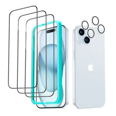 Abbildung von ESR für iPhone 15 Plus Panzerglas, 3 Displayschutzfolien aus gehärtetem Glas und 2 Set einzelner Kamera Schutzfolien, 2,5D gebogene Kanten, vollständiger Militärnorm Schutz, kratzfest