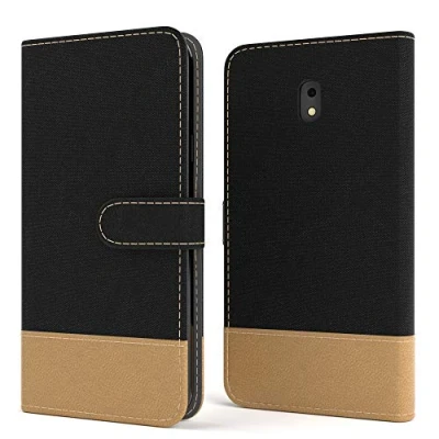 Abbildung von EAZY CASE Tasche kompatibel mit Samsung Galaxy J3 (2017) Stoff Schutzhülle Standfunktion Klapphülle Bookstyle, Handytasche Handyhülle Magnetverschluss und Kartenfach, Kunstleder, Schwarz