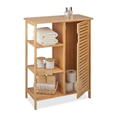 Abbildung von Relaxdays Badschrank Bambus, 3 offene Ablagen &amp; Schrankfach, HBT: 87,5 x 67 33 cm, stehendes Badregal mit Tür, Natur