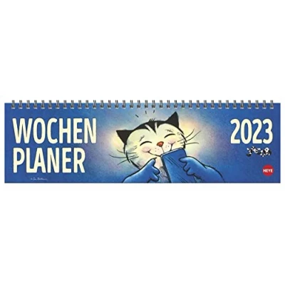 Abbildung von Jacob Wochenquerplaner 2023. Praktischer Tischquerkalender mit Spiralbindung und Katzen Cartoons. Liebevoll illustrierter Tisch Kalender für Katzenliebhaber.