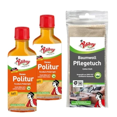 Abbildung von poliboy Fixneu Möbelpolitur hell 2x100ml inklusive Baumwolltuch Möbelreiniger (für helle Oberflächen Made in Germany)