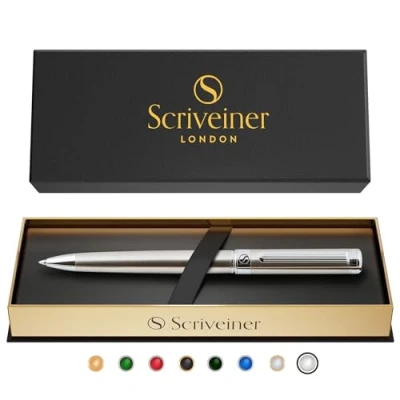 Abbildung von Scriveiner Tintenroller Edelstahl Atemberaubender Luxuskugelschreiber mit Finish, Schmidt Black Mine, Bestes Kugelschreiber Geschenkset für Männer &amp; Frauen, Beruf, Führungskraft, Büro