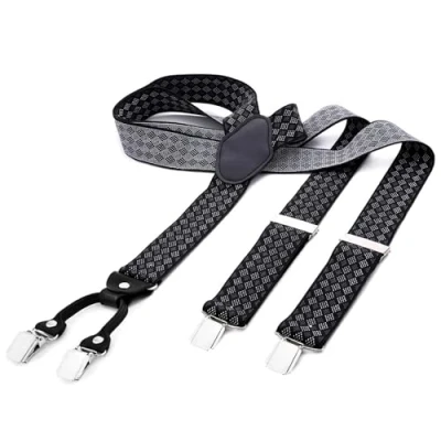 Abbildung von DonDon Hosenträger Herren breit 3,5 cm mit 4 Clips extra stark in Y Form elastisch und längenverstellbar, kariert Schwarz Grau Weiß