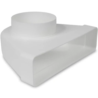 Abbildung von 90 Grad 220 x 55 mm auf Ø100 rechteckiger Flachkanalverbinder für Rundrohranschluss Klima, Lüftung, Heizung, Kühlung.