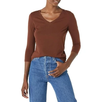Abbildung von Amazon Essentials Damen T Shirt Mit V Ausschnitt Und 3/4 Ärmeln, Klassischer Schnitt (Erhältlich In Übergröße), Dunkelbraun, XS